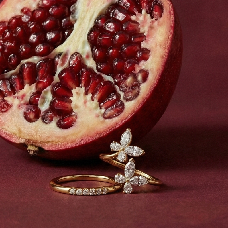 Pomegranate cut in half with jewelry on a red background